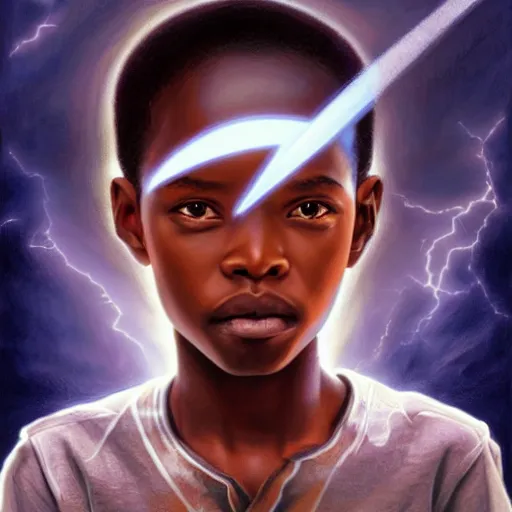 Prompt: upper half portrait of an african boy inside a group of clouds - surrounded by bolts of lightning with rays of light emanating from clouds - in drew struzan movie poster style, art by drew struzan, highly detailed, digital painting, ray tracing, illustration, smooth, sharp focus, intricate, symmetry, artstation,