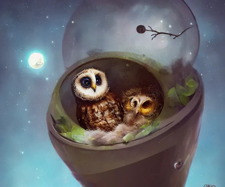 Image similar to long shot of a very cute owl chick nesting in a very futuristic cup, esao andrews, humorous illustration, hyperrealistic, big depth of field, warm colors, night scenery, low light, 3 d octane render, 4 k, conceptart, hyperdetailed, hyperrealistic, trending on artstation