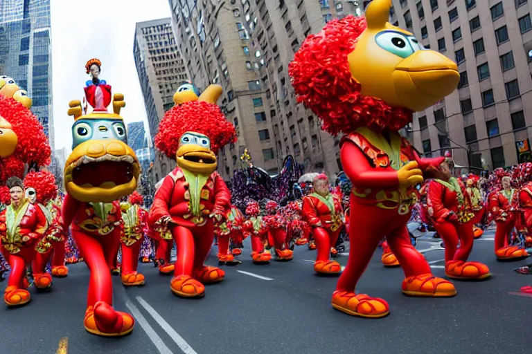 Image similar to photo of giant beautiful elaborate parade float characters designed by geoff darrow!!!! and ( ( ( ( ( ( peter jackson ) ) ) ) ) ), in the macys parade, detailed 4 k photo