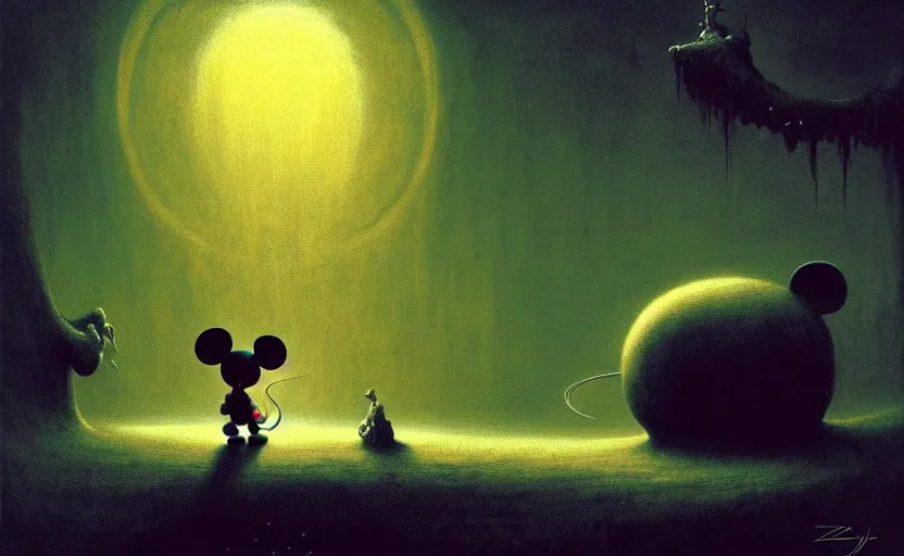 Image similar to life of a mickey mouse, scene features mickey mouse, by zdzislaw beksinski, by dariusz zawadzki, by wayne barlowe, gothic, surrealism, cosmic horror, lovecraftian, cold hue's, warm tone gradient background, concept art, beautiful composition