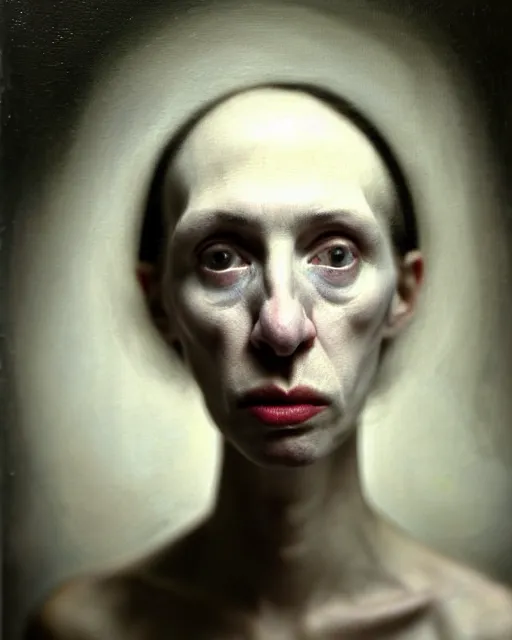 Image similar to a close up portrait a very ordinary underweight middle - aged woman with an blank expression, by joel peter witkin and sarah moon, very pale translucent skin, very blurry, foggy, oil painting, photorealistic, anatomically correct, beautiful perfect face, visible brushstrokes, sharp focus, highly detailed, cinematic lighting, 8 k, hd
