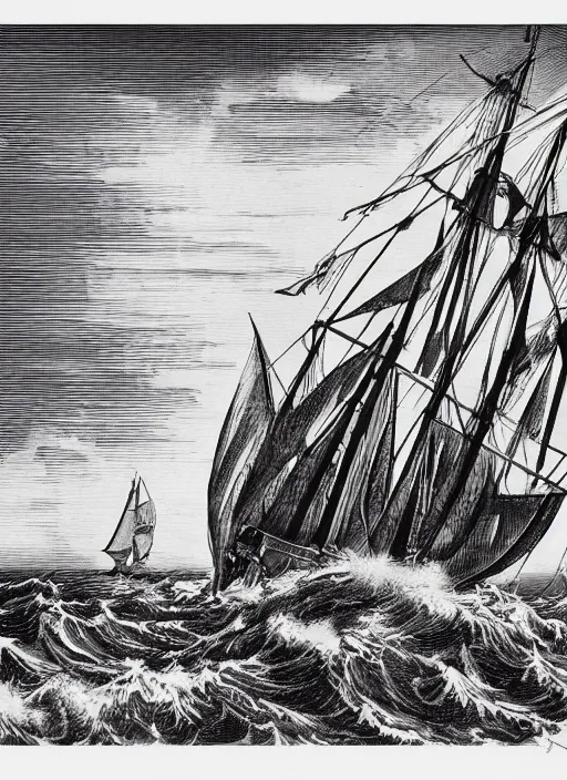 Image similar to rear of photo realistic galleon in rough seas, art by piranesi, woodblock print, black and white, vector, vector art