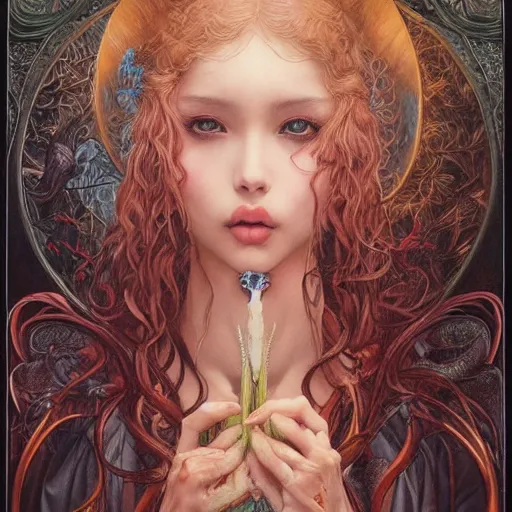 Prompt: frontal symmetrical portrait of angelababy eating a very big poly-poop by Ayami Kojima, Amano, Charlie Bowater, Karol Bak, Greg Hildebrandt, Jean Delville, and Donato Giancola, Art Nouveau, Neo-Gothic, gothic, rich deep colors