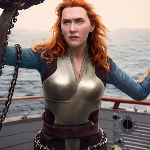 Prompt: a heroic portrait of teenage redhead Kate Winslet mechanic with one prosthetic metallic gauntlet standing on a ship deck by Greg Rutkowski, ultra realistic, by Sung Choi, photorealistic 8k, cinematic lighting, HD, high detail, atmospheric, trending on artstation, high detailed face