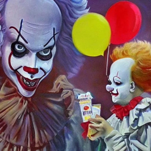 Image similar to A beautiful painting of pennywise giving candy to children