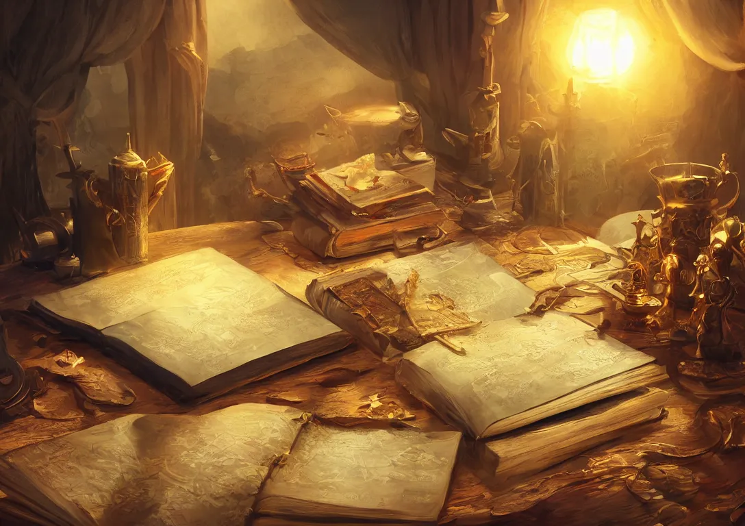 Image similar to a painting of a magical book laying open on a desk, fantasy concept art, golden hour, cinematic lighting, highly detailed