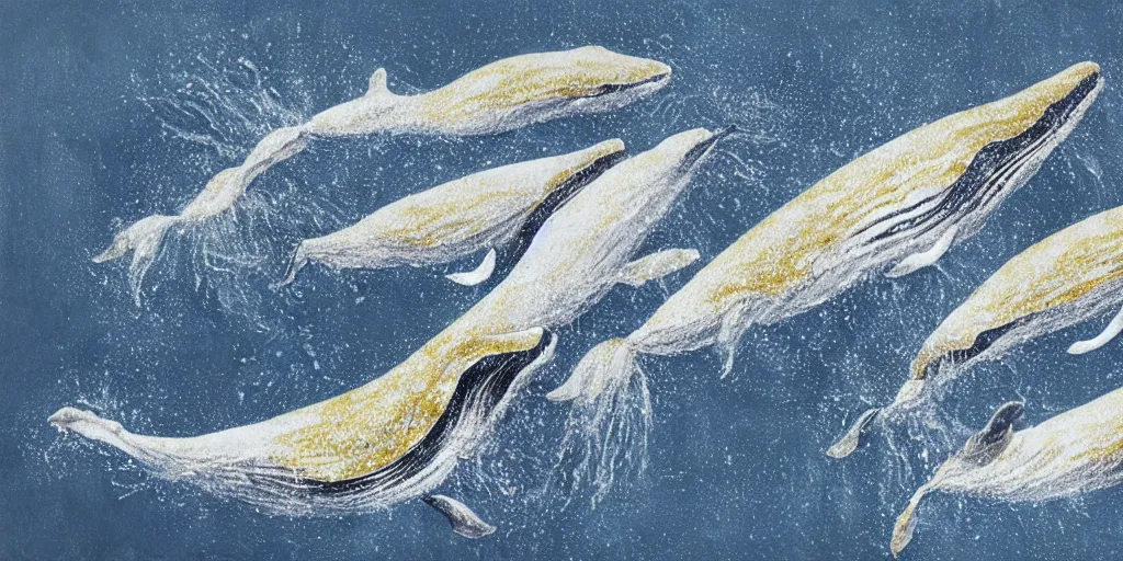 Prompt: realistic scene of whales, golden, delicate, hyper realism, 1 4 5 0, ink, ultra realistic, 8 k