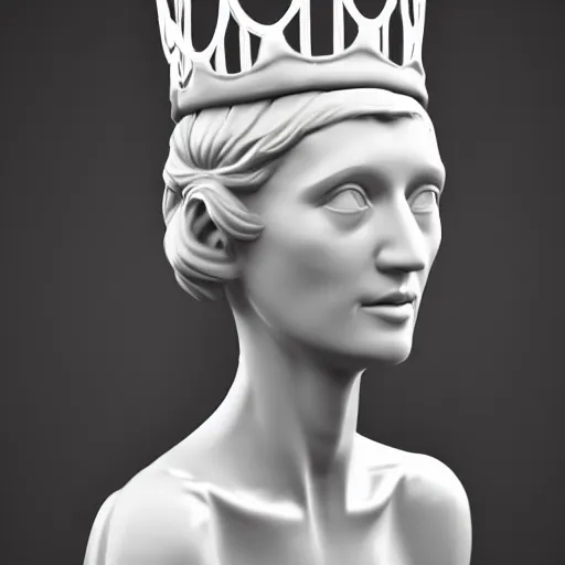 Prompt: 3 d render of a sculpture of a tall girl with long hair and a crown on her head, no colors, white and black, plastic, 4 k, 8 k, hd,