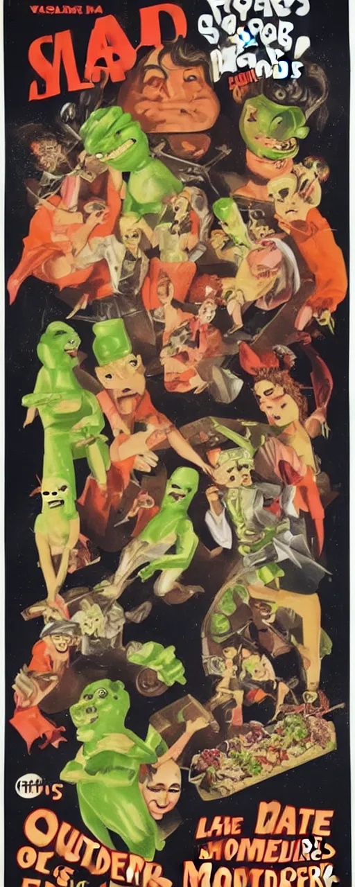 Image similar to vintage movie poster for salad monsters from outer space!