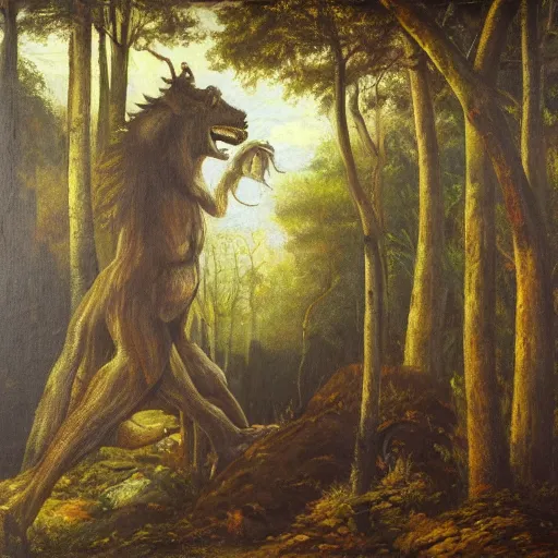 Prompt: a man looking in the forest to see an oversized terrifying monster, dramatic oil painting