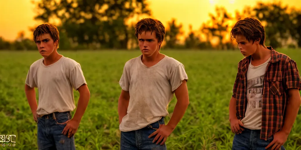 Image similar to the sunset's two brothers, outside in a farm, medium close up shot, depth of field, sharp focus, waist up, movie scene, anamorphic, hyper realistic, handsome, cinematic lighting, two people, costume art direction style from the movie the outsiders