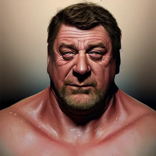 Image similar to hyperrealistic mixed media high resolution image of john goodman, sweating, stunning 3 d render inspired art by jamie salmon and istvan sandorfi and unreal engine and greg rutkowski, realistic flesh, dim volumetric lighting, 8 k octane beautifully detailed render, post - processing, extremely hyper - detailed, intricate, epic composition, highly detailed attributes, highly detailed atmosphere, cinematic lighting