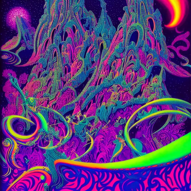 Image similar to cosmic dancers, infinite fractal dimensions, bright neon colors, highly detailed, cinematic, eyvind earle, tim white, philippe druillet, roger dean, lisa frank, aubrey beardsley