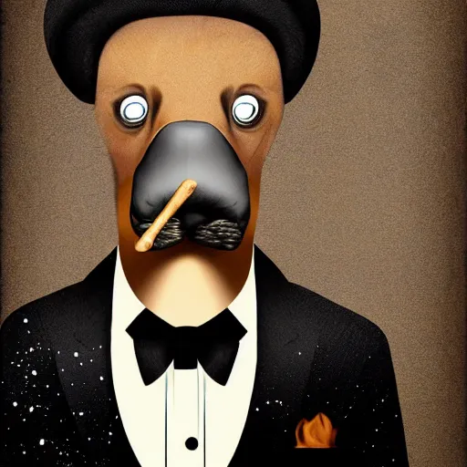 Image similar to a portrait of a platypus wearing a black suit, smoking a cigar, gorgeous, intricate, elegant, volumetric lighting, scenery, high detail digital art, smooth, picaso, illustration, concept art