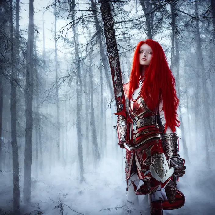 Image similar to a girl with long red hair wearing a red plate armor and holding a big red sword in a forest, 3d render, octane render, unreal engine 5, 8k hdr, hyperrealistic, highly detailed, high quality, concept art, trending on Artstation, full-body armor