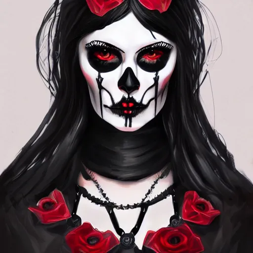 Prompt: Goth woman. holding a red and black skull with diamond shaped eyes. with the top cut off in one hand up to her face like hamlet. kodachrome, high contrast, highly detailed, sharp focus, digital painting, concept art, illustration, trending on artstation,