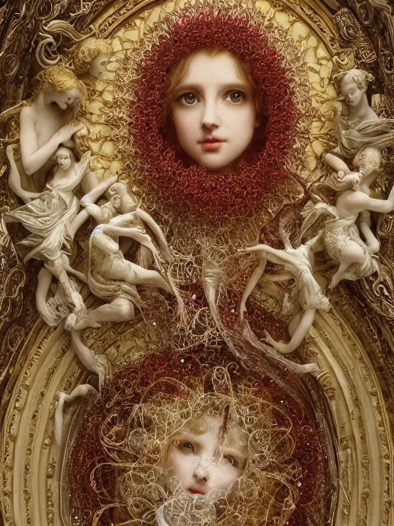 Image similar to a beautiful render of baroque catholic veiled between the red queen and the white queen,sculpture with symmetry intricate detailed,by Lawrence Alma-Tadema, peter gric,aaron horkey,Billelis,trending on pinterest,hyperreal,jewelry,gold,intricate,maximalist,glittering,golden ratio,cinematic lighting