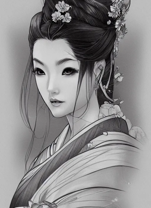 Prompt: a detailed hand drawn sketch of a stunning geisha princess, muted colors, artgerm, NeoArtCorE, artstation