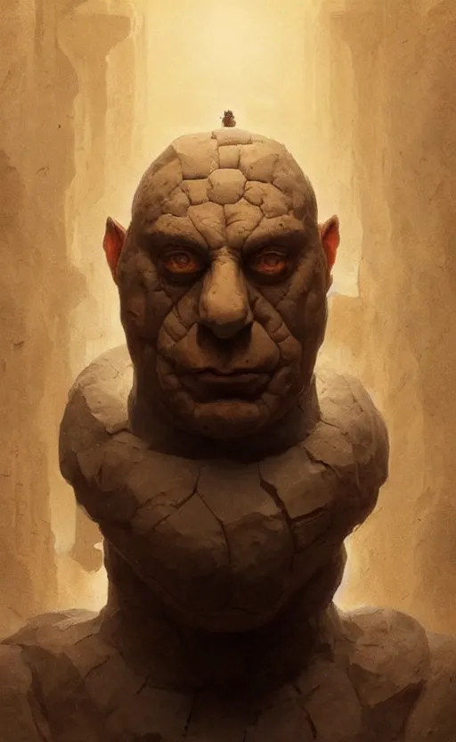 Prompt: a portrait of golem - a gigantic man made of clay, an ancient jewish automaton, incomprehensible and frightening, trending on artstation, volumetric lighting, atmospheric portrait, highly detailed, art by greg rutkowski and alphonse mucha