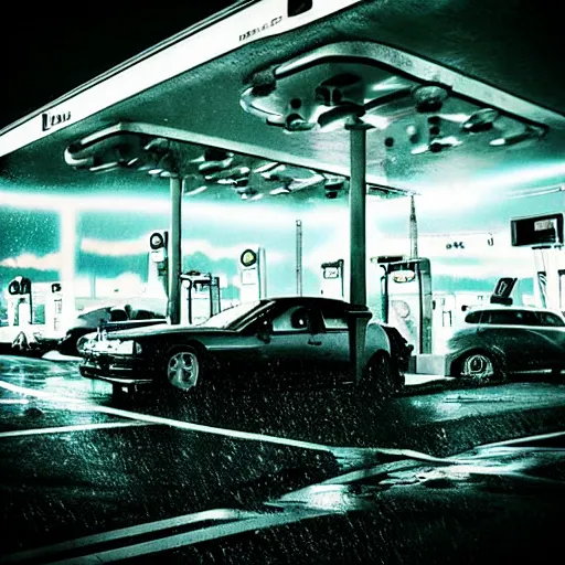 Prompt: “gas station photography, neon, heavy rain, cars, cyberpunk, various subjects, 8k, high detail, digital photography” w-1024