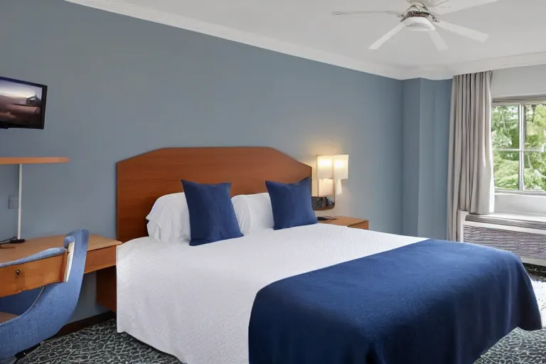 Image similar to a 10 by 11 foot old run down hotel room with white with a criss cross pattern in blue grey walls, white ceiling, navy blue carpet, a small bed, desk, two wooden wardrobes, a little side table in a light wood veneer, a window, desk fan, table light, and an old tube TV, and a ceiling fan gives off a dim orange light. Old