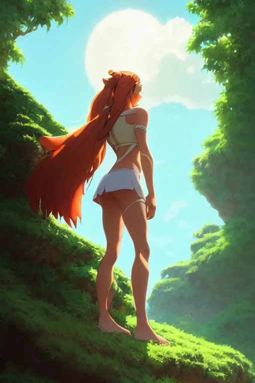 Prompt: long ginger hair, tanned woman in a prehistoric outfit, by artgerm, hair tied in a ponytail, white background, by studio muti, greg rutkowski makoto shinkai takashi takeuchi studio ghibli