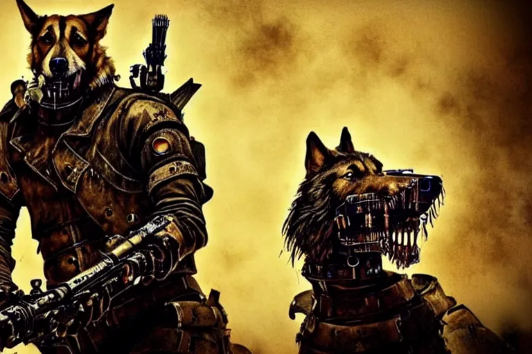 Image similar to a good ol'hound dog fursona ( from the furry fandom ), heavily armed and armored facing down armageddon in a dark and gritty version from the makers of mad max : fury road. witness me.