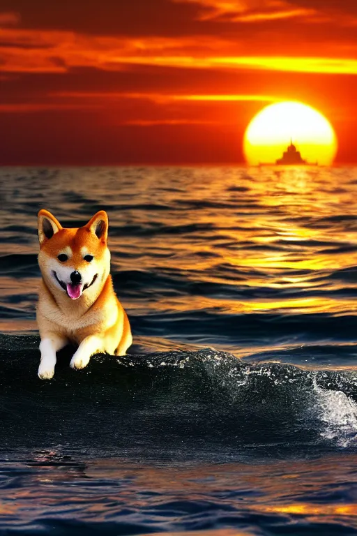 Prompt: a shiba inu sailing in the sea alone, with a castle in the background, sunset, epic, dramatic, realistic, 4k