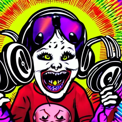 Prompt: artgerm, psychedelic laughing ghost - boo, rocking out, headphones dj rave, digital artwork, r. crumb, svg vector