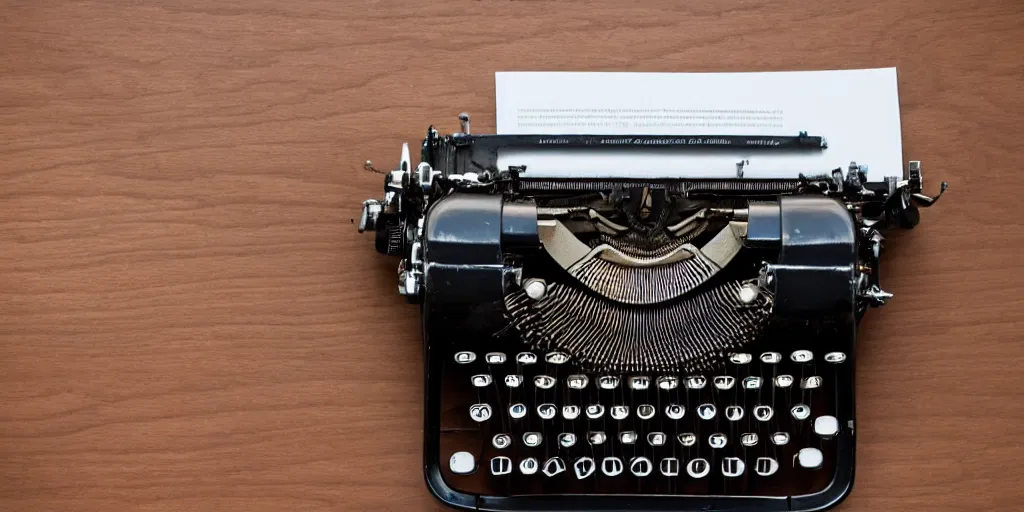 Image similar to an old detailed top - down photograph of an old typewriter on a table, paper, pen, warm night light, 8 k