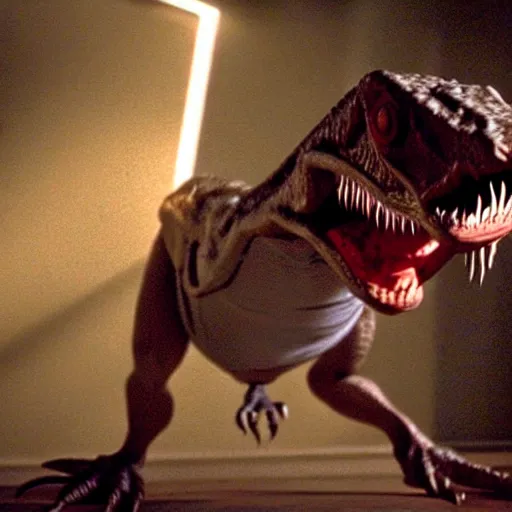 Prompt: mr. bean as a velociraptor from the jurassic park movie. movie still. cinematic lighting.