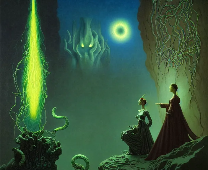 Prompt: the female arcanist and the male artificer by albert bierstadt and gerald brom and zdzisław beksinski and james gilleard, highly detailed, hyperrealistic, intricate, floating metallic objects, energy, electricity, blue flames, low light, glowing green crystals, high contrast
