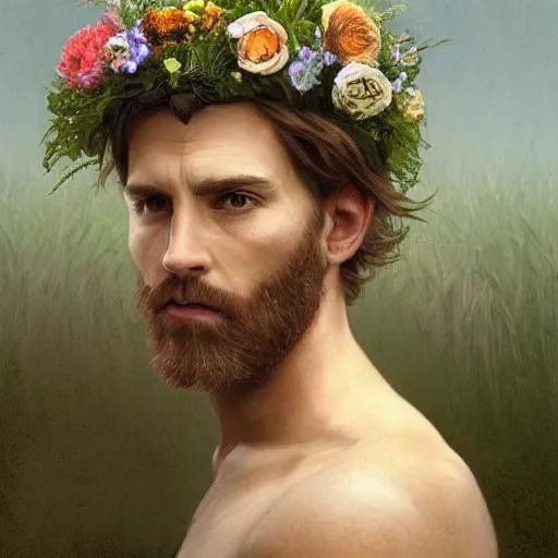 Image similar to portrait of the god of the meadow, 30 years old, upper body!!!!! meadow, flower crown, rugged, male, long hair, gorgeous, detailed face, amazing, hairy torso, muscular, intricate, highly detailed, digital painting, artstation, concept art, sharp focus, illustration, art by greg rutkowski and alphonse mucha