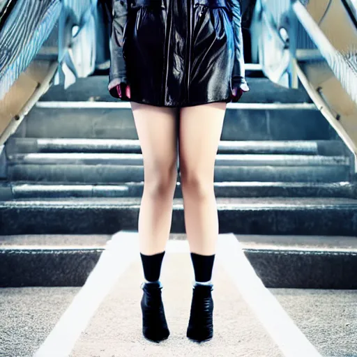 Image similar to a dynamic, epic cinematic 8K HD movie shot of a japanese young J-Pop idol girl wearing leather jacket, miniskirt, nylon tights and high heels boots. Motion, VFX, Inspirational arthouse