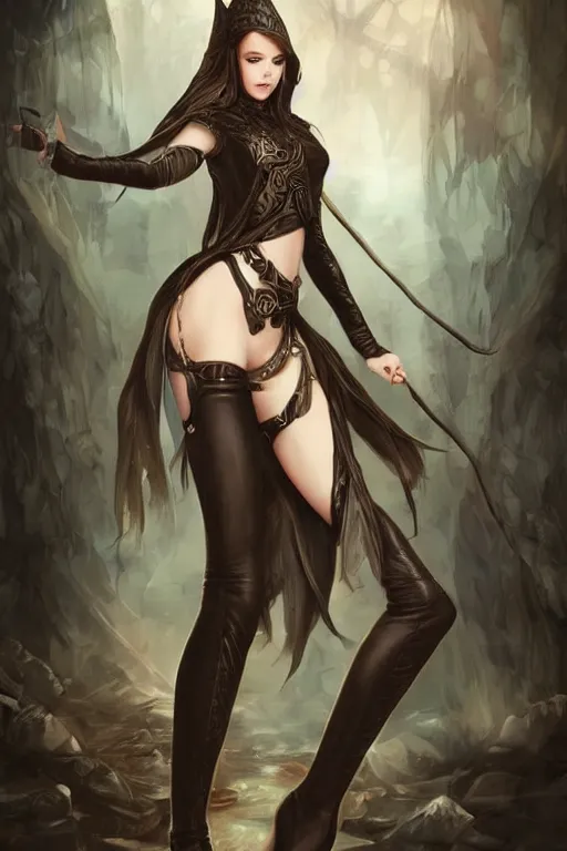 Prompt: a beatiful female elven priestess wearing thigh high black leather boots, hyperrealistic detailed digital art in the style of Charlie Bowater