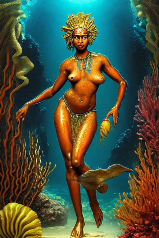 Prompt: hyperrealistic neoclassical cinematic underwater scene with fish and algae, very expressive! bioluminescent african goddess, full body, gold jewerly, highly detailed face, digital art masterpiece, eric zener cam de leon, volumetric light, long shot, low angle uhd 8 k, sharp focus