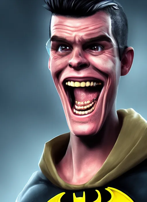 Image similar to character portrait of Steve-O laughing playing Batman, digital art, trending on artstation, 4k