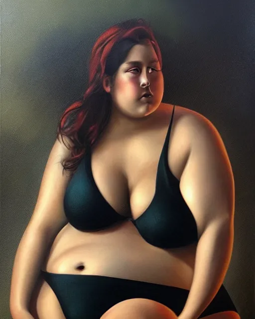 Prompt: upper body portrait of a gorgeous woman, obese, muscular, wearing bikini. oil on canvas, black oil bath, illustration. beautiful face!!! in the style of charlie bowater, alain aslan, karol bak.