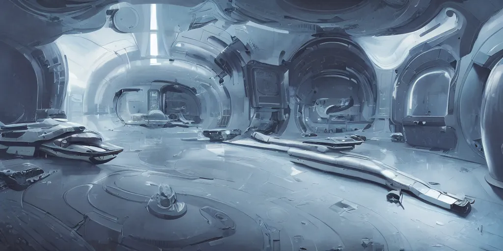 Image similar to !dream one thousand aligned cryogenic pods, spacehsip interior, symmetrical, futuristic decoration, sci-fi, cryogenic pods, many cryogenic pods, wide shot, matte painting, oil painting, dark sci-fi, by Sergey Kolesov, Tristan Eaton, James Gurney, greg rutkowski.