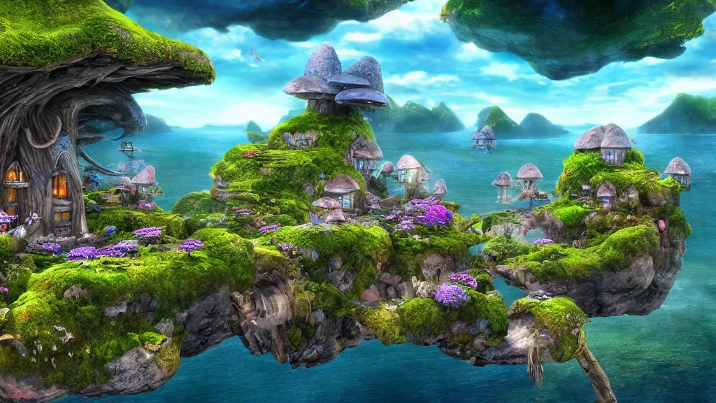 Prompt: fantasy micro world toadstool cottages islands suspended in the air like in the Avatar movie, fantasy artwork, very beautiful scenery, hd, hdr, unreal engine 5, cinematic 4k wallpaper, 8k, ultra detailed, high resolution, artstation