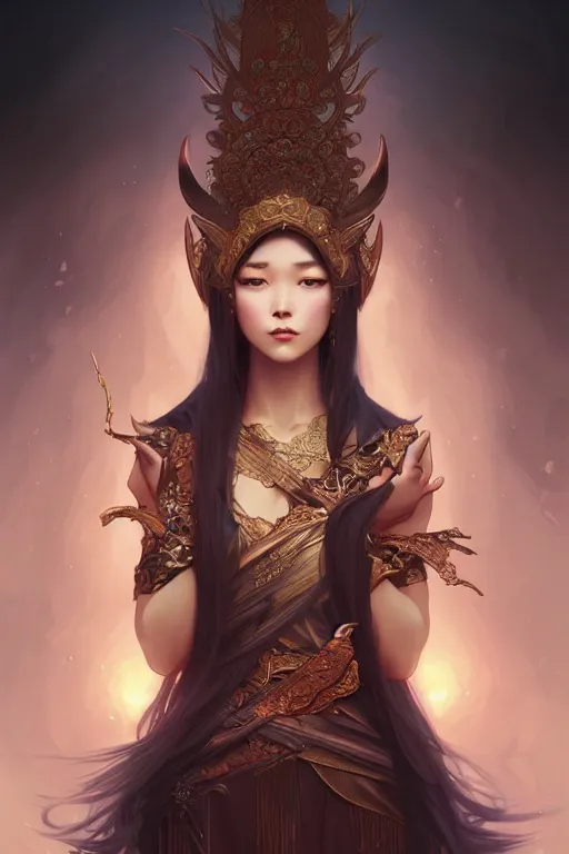 Prompt: asian, dark fantasy, intricate, elegant, highly detailed, digital painting, artstation, concept art, matte, sharp focus, illustration, art by artgerm and alphonse mucha