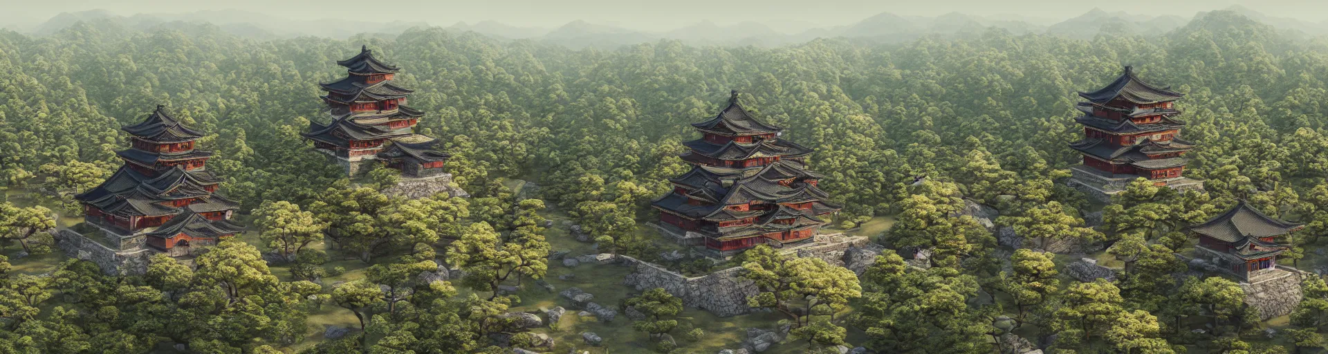 Image similar to photo realistic landscape of medieval japan castle, aerial photography, exquisite detail, octane render, 8 k postprocessing,