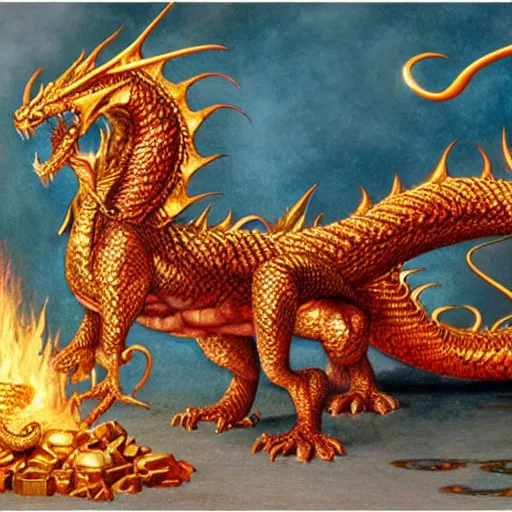 Image similar to Smaug the golden fire dragon hoarding his gold and shiny gems by Mark Brooks, Donato Giancola, Victor Nizovtsev, Scarlett Hooft, Graafland, Chris Moore