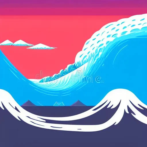 Image similar to giant tsunami wave that is 20 miles high, approaching about to crash into a small coastal town. miniature buildings compared to giant waves are so tall, they seem to touch the sky, large scale image, cartoon color drawing vector illustration, 2d photorealistic flat anime style