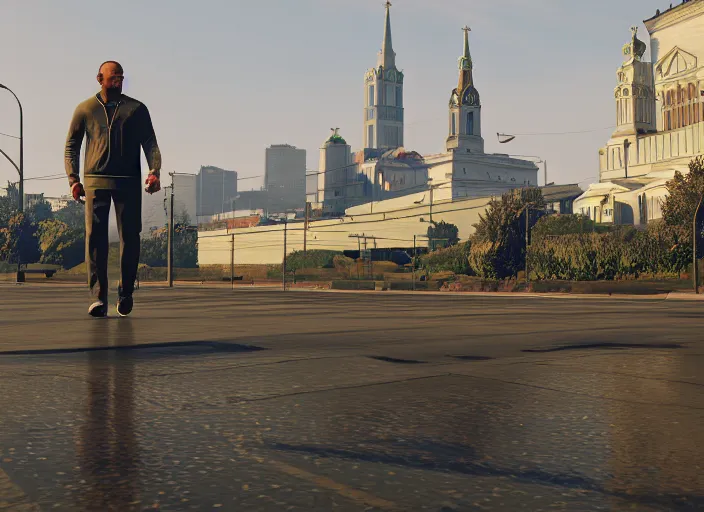 Image similar to cinematic screenshot gta 5, rain, lenin in adidas tracksuit, churches, buildings, road, moskvich, rtx reflections, gta vi, moscow, soviet apartment buildings, award winning, artstation, intricate details, realistic, hyperdetailed, 8 k resolution