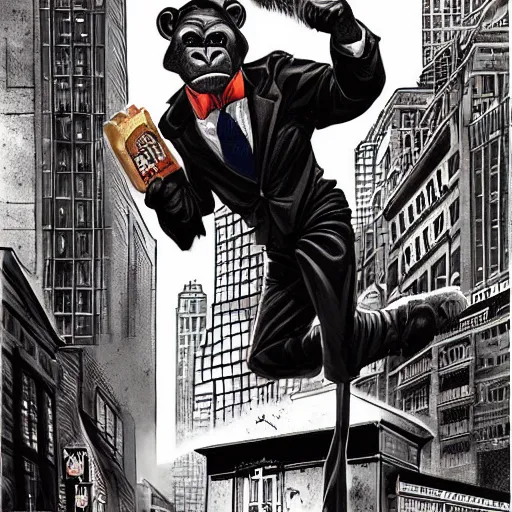 Prompt: Portrait of a film noir anthropomorphic chimp detective wearing a suit and smoking a cigar, in the background are buildings and restaurants, intricate, elegant, highly detailed, smooth, sharp focus, detailed face, high contrast, dramatic lighting, graphic novel, art by Ardian Syaf and Pepe Larraz,