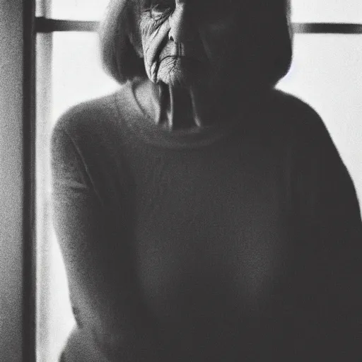 Prompt: black and white photograph portrait of a depressed beautiful old woman standing by the window, natural light, lomo, fashion photography, film grain, soft vignette, sigma 85mm f/1.4 1/10 sec shutter