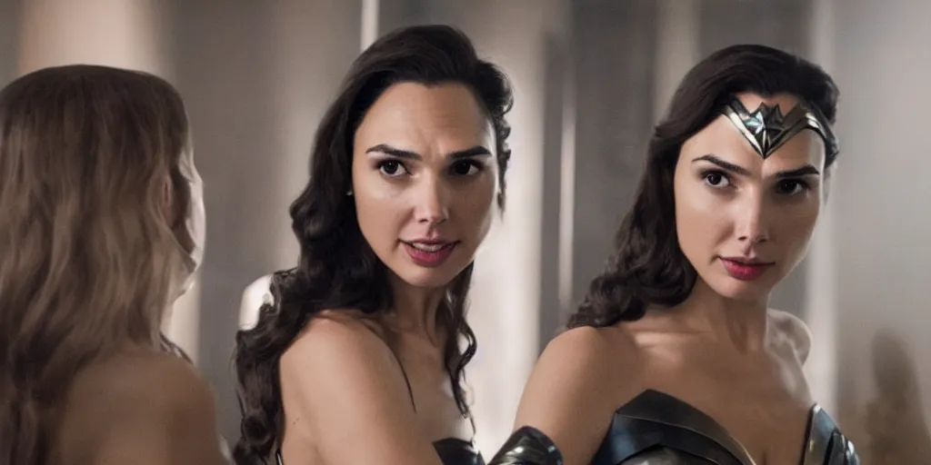 Image similar to ultra wide angle photo of gal gadot dressed in a white blouse and black dress pants as diana prince looking at herself in a bathroom mirror and seeing her reflection as wonder woman