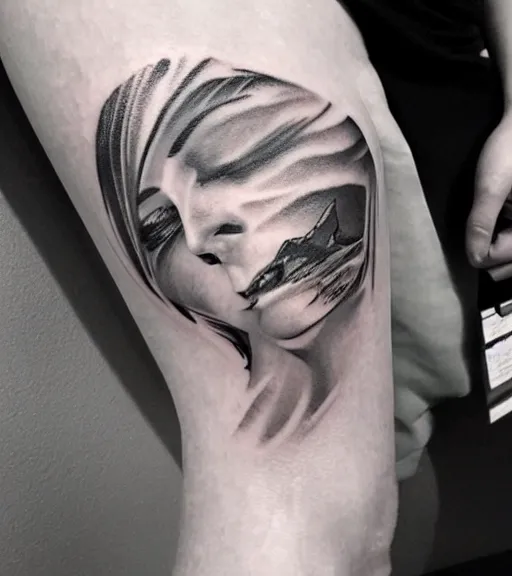 Image similar to tattoo design sketch of a beautiful girl with, faded mountain background, in the style of den yakovlev, black and white, realism tattoo, hyper realistic, highly detailed