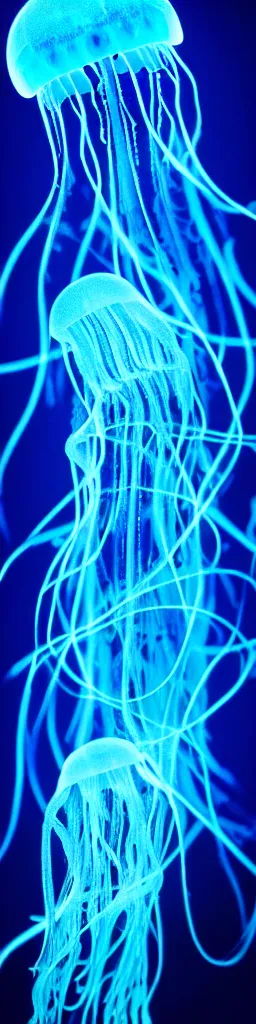 Image similar to a deep sea translucent bioluminescent jellyfish glowing indigo, black backgroud, hyperrealistic, extremely detailed, 8 k underwater photography